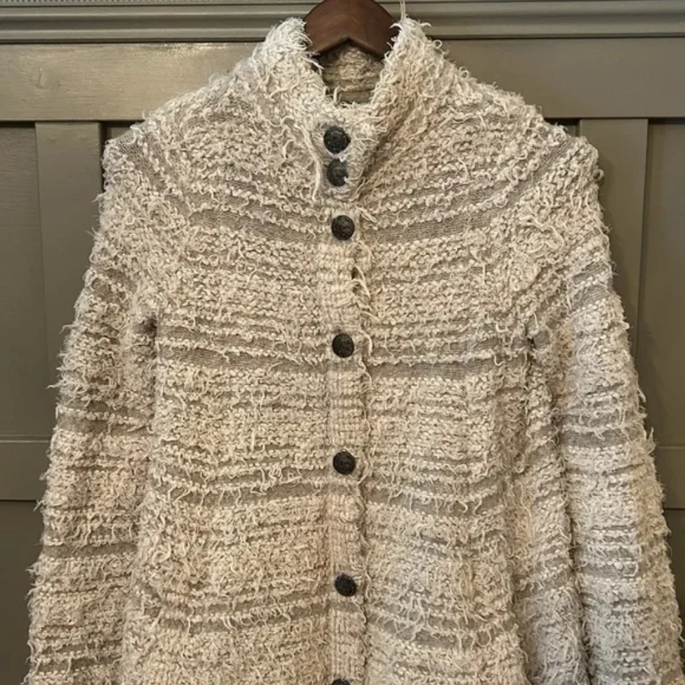Free People Shaggy Knit Sweater Coat Ivory Gray Stripe Button Front Size XS